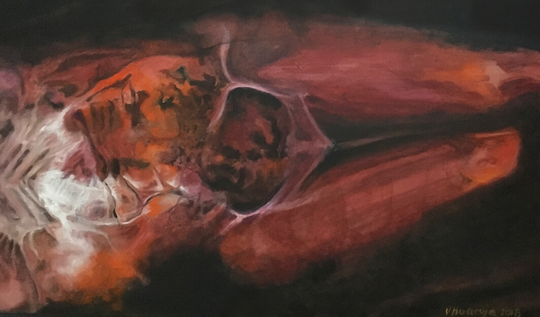 The mutilated and decomposed body intends to provoke an aesthetical impression in the re-creator. The proposed anatomical geometry creates an interaction between the bones, flesh and cavities and they work altogether in a system, an organic one. The size of the piece (medium format) intends to achieve the referred visual impact.