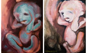 These paintings operate in a diptych, which means they flow together to form a single unified scene with a narrative that bonds them. They search to have a strong sense of visual coherence.