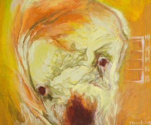 The portrait displays the carnal material of a Jane or a John Doe's cranium. I based this work on medical radiological studies done to anonymous human bodies. The character's frontal gaze invites the observer to operate with it.