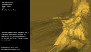 I created this artwork after studying the body of art of the English-American photographer, Eadweard Muybridge (1830-1904), who analyzed bodies (animals and humans) in motion. The frantic behaviour of this anonymous man in a psychiatric asylum deeply impressed me. I watched him on a film done decades ago. His story, still “talks” to us… The man in yellow, the man in pain.