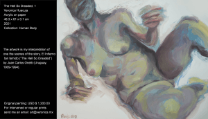 The artwork is my interpretation of one the scenes of the story, “The Hell So Dreaded 1” (1) by Juan Carlos Onetti (Uruguay, 1909-1994): “La primera carta, la primera fotografía, le llegó (a la oficina) entre la medianoche y el cierre. (La) vio por sorpresa, no terminó de comprender, (pero) supo que iba a ofrecer cualquier cosa por olvidar lo que había visto.” (The first letter, the first photograph, arrived (to the office) between midnight and the closing time. (…) He saw it by surprise, and did not quietly understanding it, but he knew he was going to offer anything to forget what he had seen.) The artwork is my interpretation of one the scenes of the story, “The Hell So Dreaded 1” (1) by Juan Carlos Onetti (Uruguay, 1909-1994): “La primera carta, la primera fotografía, le llegó (a la oficina) entre la medianoche y el cierre. (La) vio por sorpresa, no terminó de comprender, (pero) supo que iba a ofrecer cualquier cosa por olvidar lo que había visto.” (The first letter, the first photograph, arrived (to the office) between midnight and the closing time. (…) He saw it by surprise, and did not quietly understanding it, but he knew he was going to offer anything to forget what he had seen.)