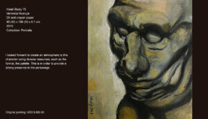 The face of the character displayed in a close-up, the black paint I used to depict its features, and the yellowish palette and atmosphere provides the personage with a strong presence. The face of the character displayed in a close-up, the black paint I used to depict its features, and the yellowish palette and atmosphere provides the personage with a strong presence.