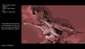 I created this artwork after studying the body of art of the English-American photographer, Eadweard Muybridge (1830-1904), who analyzed bodies (animals and humans) in motion. The character in this artwork has an emotional state. So, that being said, its motivations is something I leave to the observer to interpret.