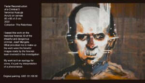 I based this work on the historical forensic ID of the dreadful and dangerous criminal, Josef Mengele. What provoked me to make up the work were the forceful images made by the forensic team involved in the investigation. My work isn’t an apology for crime, it’s just my interpretation of a phenomenon. I based this work on the historical forensic ID of the dreadful and dangerous criminal, Josef Mengele. What provoked me to make up the work were the forceful images made by the forensic team involved in the investigation. My work isn’t an apology for crime, it’s just my interpretation of a phenomenon.