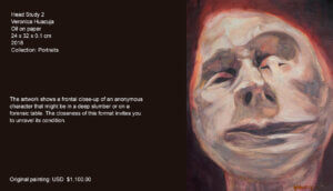 The artwork shows a frontal close-up of an anonymous character that might be in a deep slumber or on a forensic table. The closeness of this format invites you to unravel its condition. The artwork shows a frontal close-up of an anonymous character that might be in a deep slumber or on a forensic table. The closeness of this format invites you to unravel its condition.