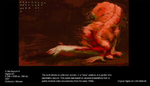 In this piece, I searched to create an unusual poetic image. The work shows an unknown woman, in a “waxy” posture, in a garden of a psychiatric asylum. This piece was based on several screenshots from a public medical video documentary from the early 1900s. In this piece, I searched to create an unusual poetic image. The work shows an unknown woman, in a “waxy” posture, in a garden of a psychiatric asylum. This piece was based on several screenshots from a public medical video documentary from the early 1900s.