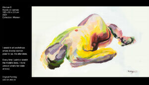 Portrait of a woman. I assist in art workshops where diverse women pose for us, the attendees. Every time I paint or sketch the model’s body, I try to unravel what’s her state of mind. This intimate personal exercise, regardless of its results, helps me to accomplish my work.