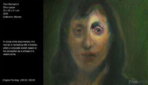 The drive that a character has in a true crime documentary inspired me to create this artwork. So, the artwork's title, the character's gesture and mood, the special use of light on its face, the close-up format and the palette make up the atmosphere of the work. In a true crime documentary, this woman is recreating with a forensic artist a composite sketch based on her perception as a witness of a violent crime. Her demeanor and troubled face inspired me to make up this artwork. I tried to recreate the atmosphere (mood, gesture, emotional state) in where she's immersed.