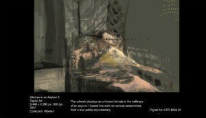 The artwork displays an unknown female in the hallways of an asylum. I based this work on various screenshots from a true public documentary. The artwork displays an unknown female in the hallways of an asylum. I based this work on various screenshots from a true public documentary.