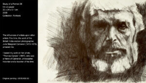 I based my work on Margaret Cameron’s (1815-1879, British India) photo, “Thomas Carlyle” (1867), who was her friend, a philosopher, historian, and a teacher. 