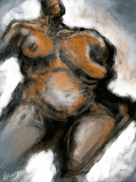 With a certain concept of a female’s body I began sketching. Little by little, the body began to take shape, offering itself. The results, as most of my work, is dramatic.
