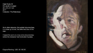 I based the work on a true crime documentary where the character had homicidal impulses. As in other artworks, the painting circumscribes, in a close-up format, the deformed face of the inmate. I based the work on a true crime documentary where the character had homicidal impulses. As in other artworks, the painting circumscribes, in a close-up format, the deformed face of the inmate.