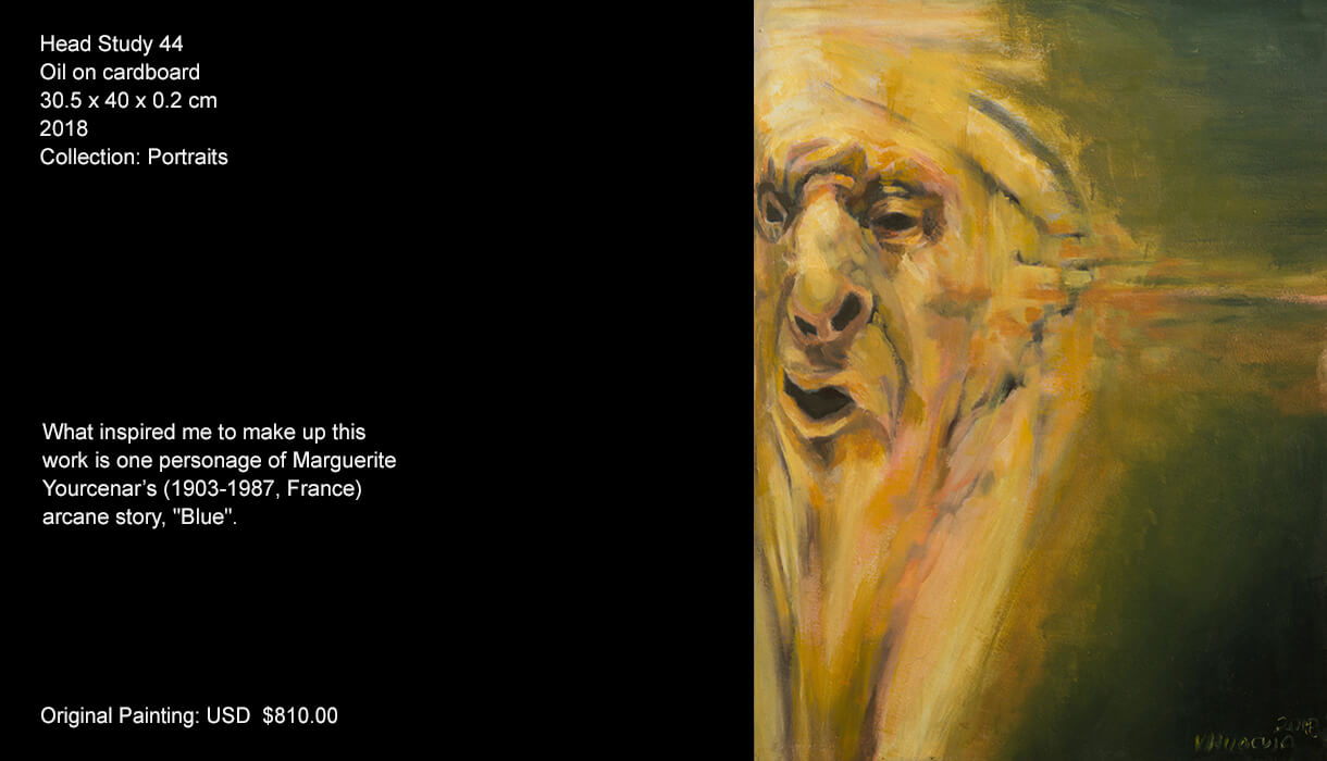 I have always been concerned with forensic art, the physical changes that human body suffers after losing life, and, among other topics, the probable astonishment, strangeness and absurdity that a person might experience while facing its death... But these are concepts. In this artwork I tried to picture this experience. What inspired me to make up this work is one personage of Marguerite Yourcenar’s (1903-1987, France) arcane story, "Blue".