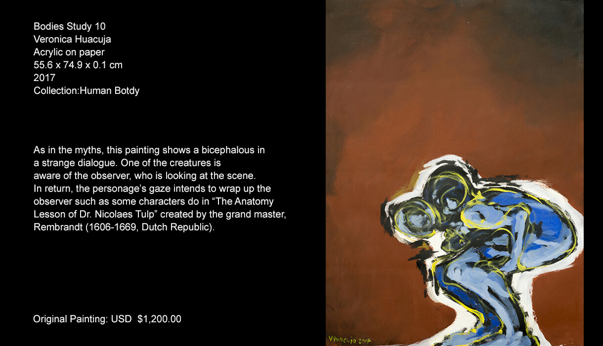 This multiple body-the bodies of a bicephalous-made up by a whitish and blue bi-chromatic mass, almost like a clay sketch prior to the volume of the sculpture, shows its painful nudity. Added to this is the daily life of a dialogue between the two characters that is interrupted by the observer’s gaze. As in the myths, this painting shows a bicephalous in a strange dialogue. One of the creatures is aware of the observer, who is looking at the scene. In return, the personage’s gaze intends to wrap up the observer such as some characters do in “The Anatomy Lesson of Dr. Nicolaes Tulp” created by the grand master, Rembrandt (1606-1669, Dutch Republic).