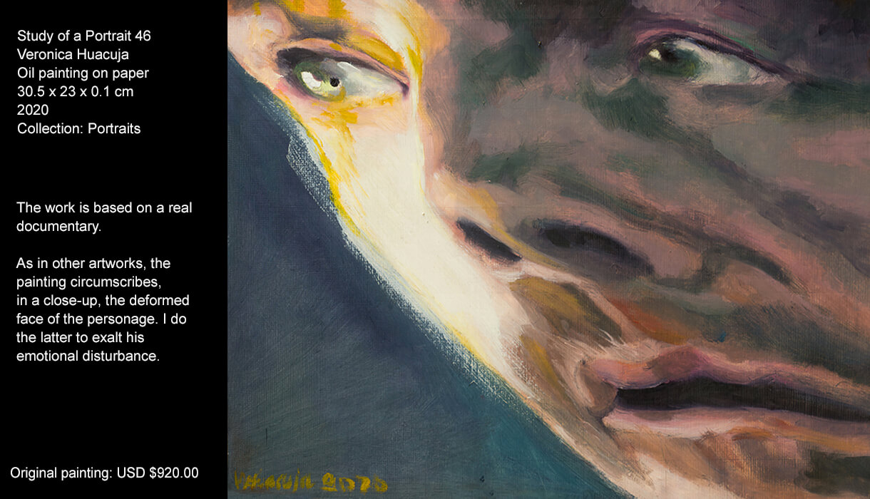 A resource I used in this work was to make the character "look" at something out of the reach of the sight of the observer. Distortion is another resource. I created the piece almost wanting to "listen" to this John Doe's breath. As in other artworks, the painting circumscribes, in a close-up, the deformed face of the personage. I do the latter to exalt his emotional disturbance.